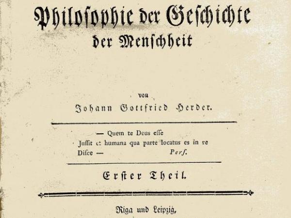 J.G.Herdera (1744-1803) grāmatas "Idejas par cilvēces vēstures filozofiju" pirmizdevums Rīgā un Leipcigā, J. F. Hartknoha izdevniecība 1784. gadā.