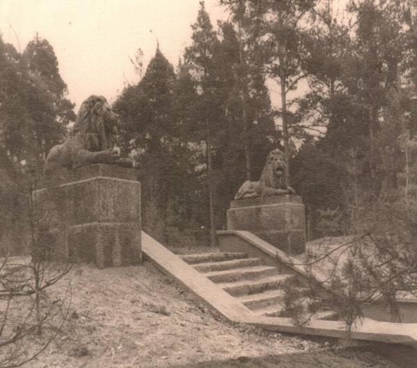 Dīvala mežā. Abās pusēs redzamas dusošās lauvas savulaik atvestas no izsoles Mārcienas muižā. Līdz 1945./46.g. atradušas Dūņa mājā Jāņparkā, Kazarmu ielā. Foto 1957.g.