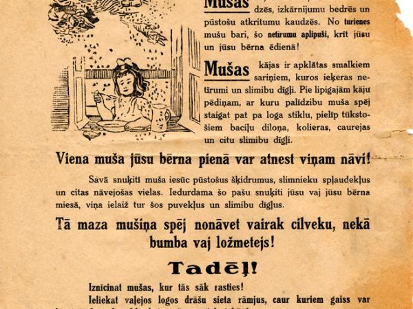 Attēlā: Latvijas Bērnu Palīdzības Savienības skrejlapa “Sargaties no mušām!”. Izplatīta Bērnu dienās 1924. gadā. LNVM krājums