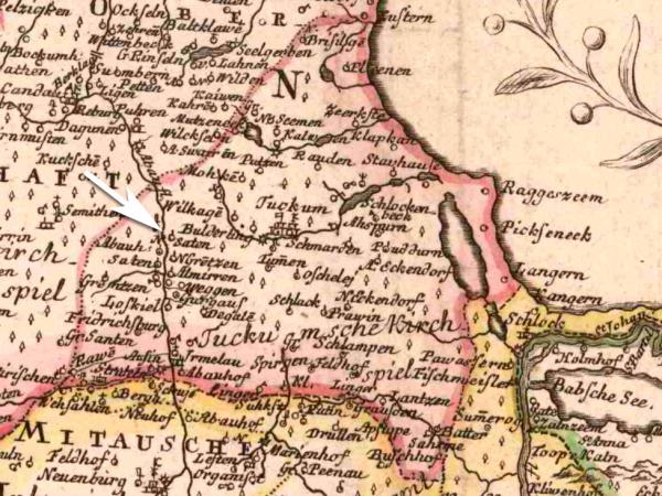 Tukuma draudzes Jaunsātu muiža (norādīta ar bultiņu) 18.gs. Kurzemes, Zemgales un Piltenes apgabala kartē. LVVA 6828.f., 2.apr., 208.l.