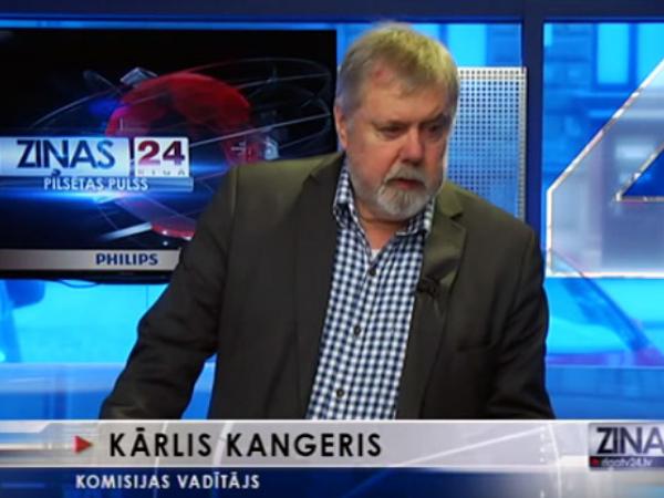 K.Kangeris piedalās TV24 raidījumā stāstot par Tieslietu ministrijas radītajiem apgrūtinājumiem VDK dokumentu izpētes komisijas darbā. Avots: ekrānšāviņš no youtube.com.