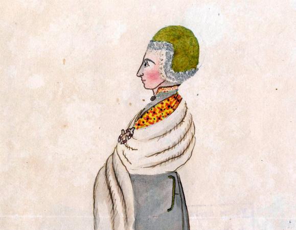 Jēkabpils apkārtnes zemniece. 1822. gads. No ārsta Oto Hūna vāktajiem materiāliem par Kurzemes guberņu.