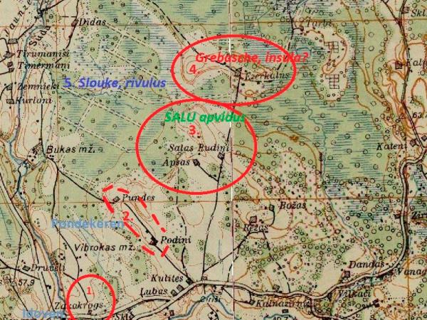 Maneginta lēnī minēto vietvārdu un objektu izvietojums Mālpils apkārtnē. Attēlojums Latvijas armijas 1930.g. topogrāfiskajā kartē.