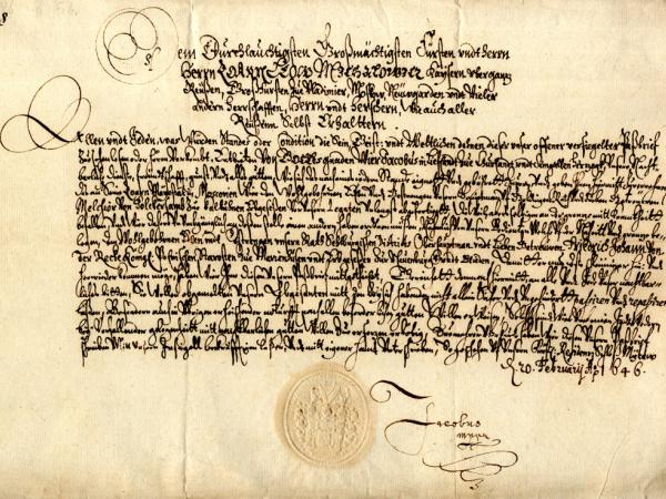Hercoga Jēkaba pase sūtnim uz Krieviju Frīdiham Johanam fon der Rekem. Jelgavā, 1646. g. 20. februārī. LVVA, 554. f., 2. apr., 2942. l., 28. lp.