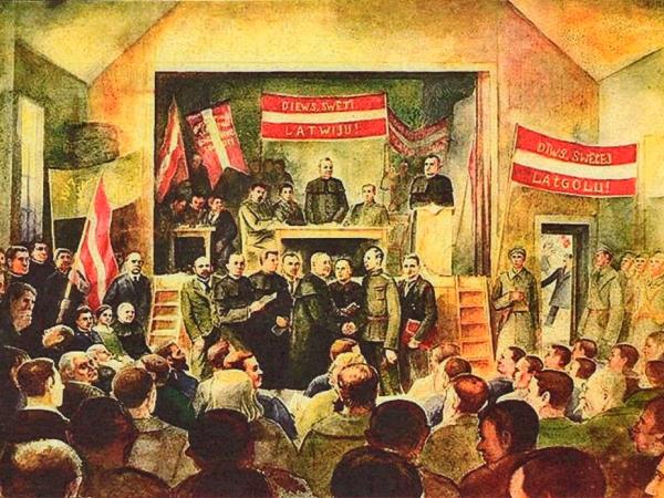 Iekšskats no Latgales kongresa pirmās dienas pulcēšanās vietas – kinoteātra “Diāna” autors – Jēkabs Strazdiņš (1935.g.) Izstādes brošūra: "Pāri slieksnim" : pirmā Latgales kongresa 100-gadei veltīta izstāde: 1917. gada 26.-27. aprīlis, projekta vad. un koord. Anastasija Straute, izstādes dizains Inese Dundure. – Rēzekne: Latgales kultūrvēstures muzejs, 2016, 36. lpp.