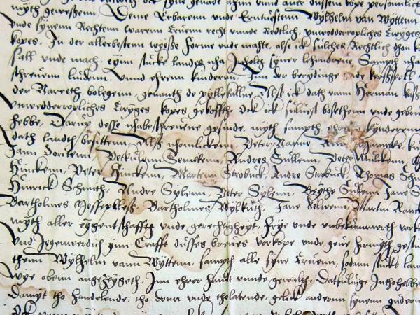 Rokraksta dokuments (noraksta fragments) – Aizkraukles komtura Vilhelma Firstenberga 1543. gada akts par Pilkalnes zemes gabala pārdošanu Vilhelmam fon Vitenam. LVVA 1100.f., 13.apr., 1498. lieta, 1.lapa.