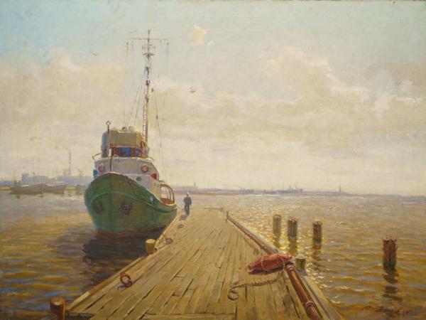 Aleksandrs Zviedris (1905–1993), “Liepājas osta” (1954), audekls, eļļa, 131 x 98 cm.