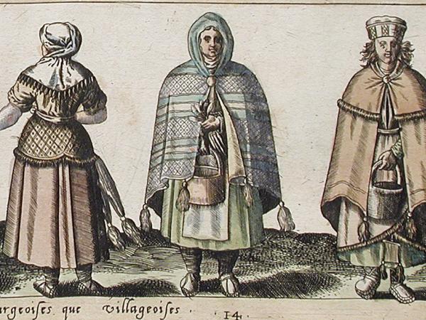 Livonijas laucinieču apģērbs no Ābrama de Bruina (1538-1587) dažādu tautu tērpu attēlu albūma. Ķelne, 1577.