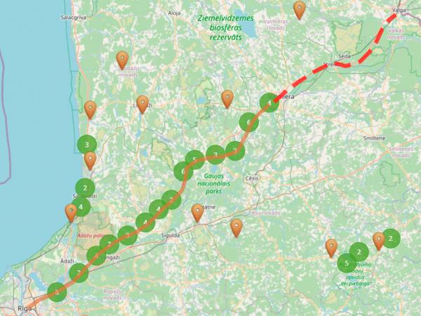 Rīgas-Valkas senā satiksmes un tirdzniecības ceļa trase, tajā izpētītais (Rīga-Valmiera) un neizpētītais (Valmiera-Valka) posms.