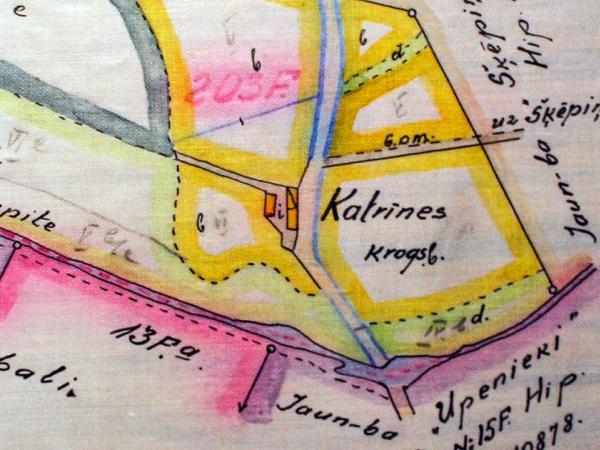 Vecmuižas Katrīnes kroga zemes gabala un ēku novietojuma plāns (fragments). 1930.g. LVVA 1679.f., 172.apr., 199.lieta.