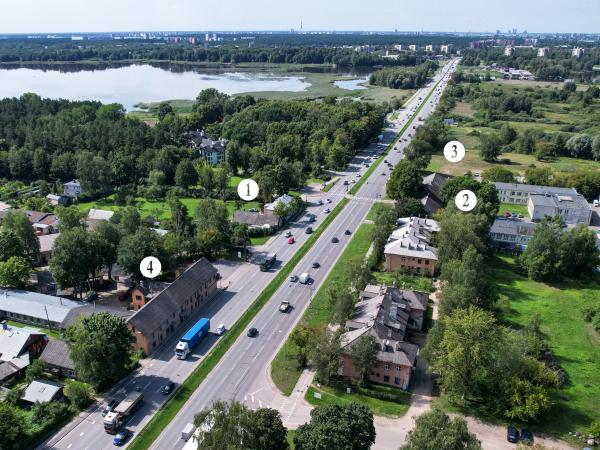 1. attēls. Jaunais Baložu krogs (4), vecā Baložu kroga vieta (1), Mūra krogs (2) un Dambja kroga vieta (3). Rīga, Baloži. 2023. gada 11. augusts. V. Grīviņa foto.