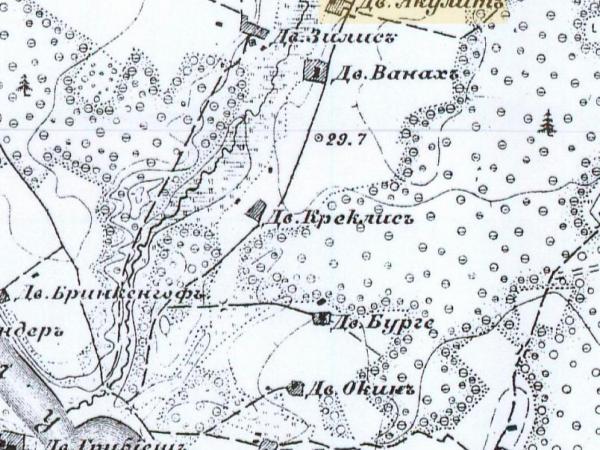 Jēkuliņi Krievijas impērijas vienas verstes (1:42000) kartē. 1915. g. 25. lapa.
