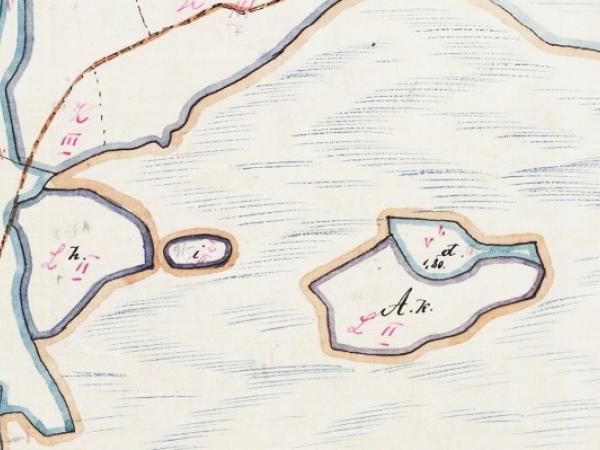 Bērzsaliņas purvs. Ķieģeļu muižas 1858./61.gada robežu kartes (LVVA 1679.f., 194.apr., 268.l.) fragments.