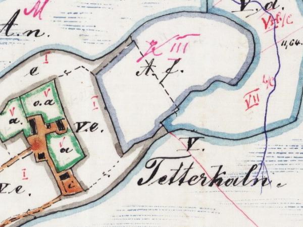 Teterkalns. Ķieģeļu muižas 1858./61.gada robežu kartes (LVVA 1679.f., 194.apr., 268.l.) fragments.