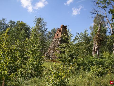 1. attēls. "Bajāru" manteļskursteņa drupas. Rendas pagasts, Kuldīgas novads. 2022.g. 14.augusts. V.Grīviņa foto.